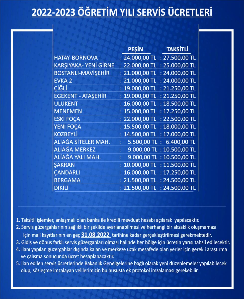 2022-2023 Servis Ücretleri